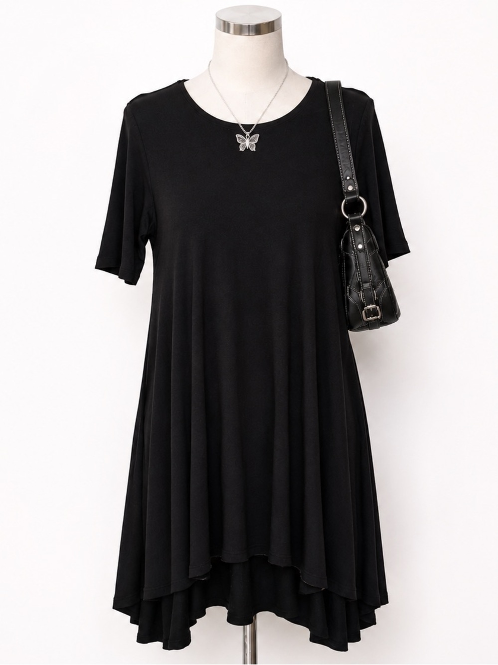 Eileen Fisher Black Swing Dress M High Low Stretch Minimalist Midi